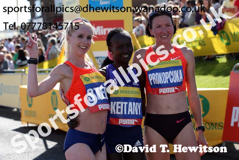 From left to right: Gemma Steel 2nd, Maray Keitany winner and Jelina Prokopcuka 3rd in the womens Morrisons Great North Run. Photo: David T. Hewitson/Sports for All Pics